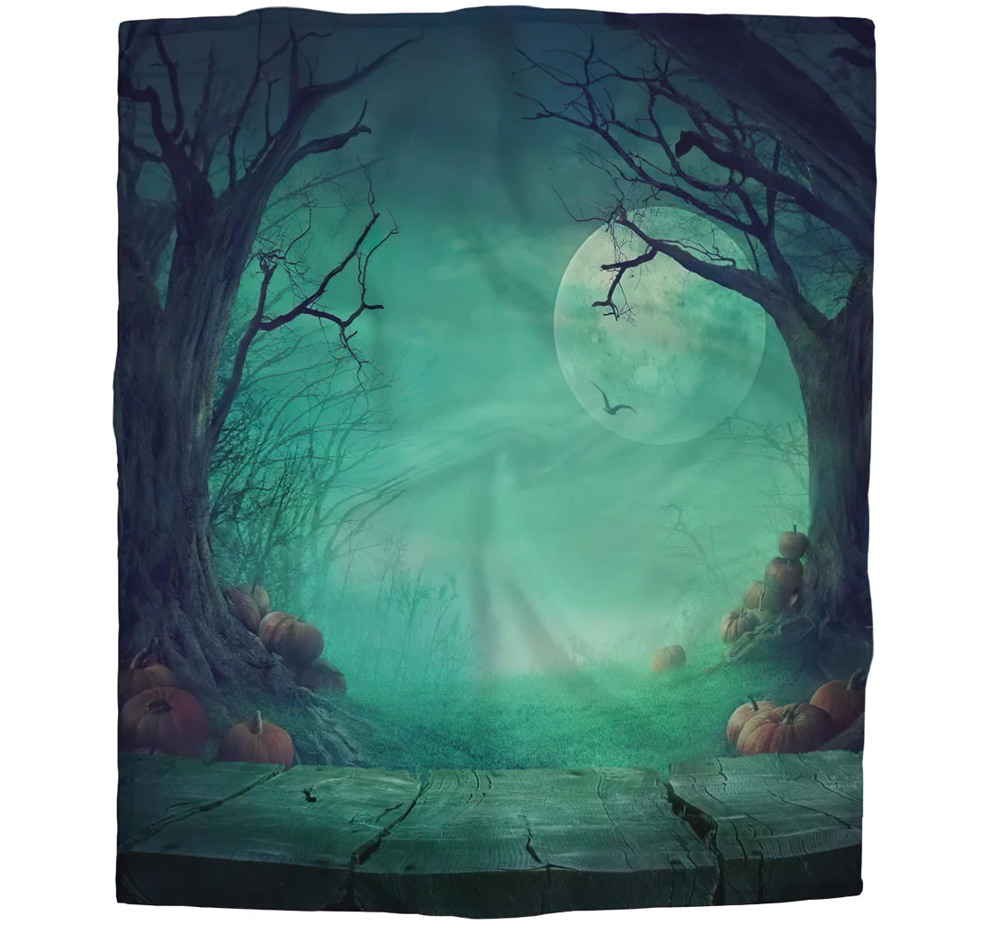 Throw Blanket, Quilt - Pumpkins And Wooden Table Spooky Forest With Dead Trees Reversible Es Sherpa Fleece