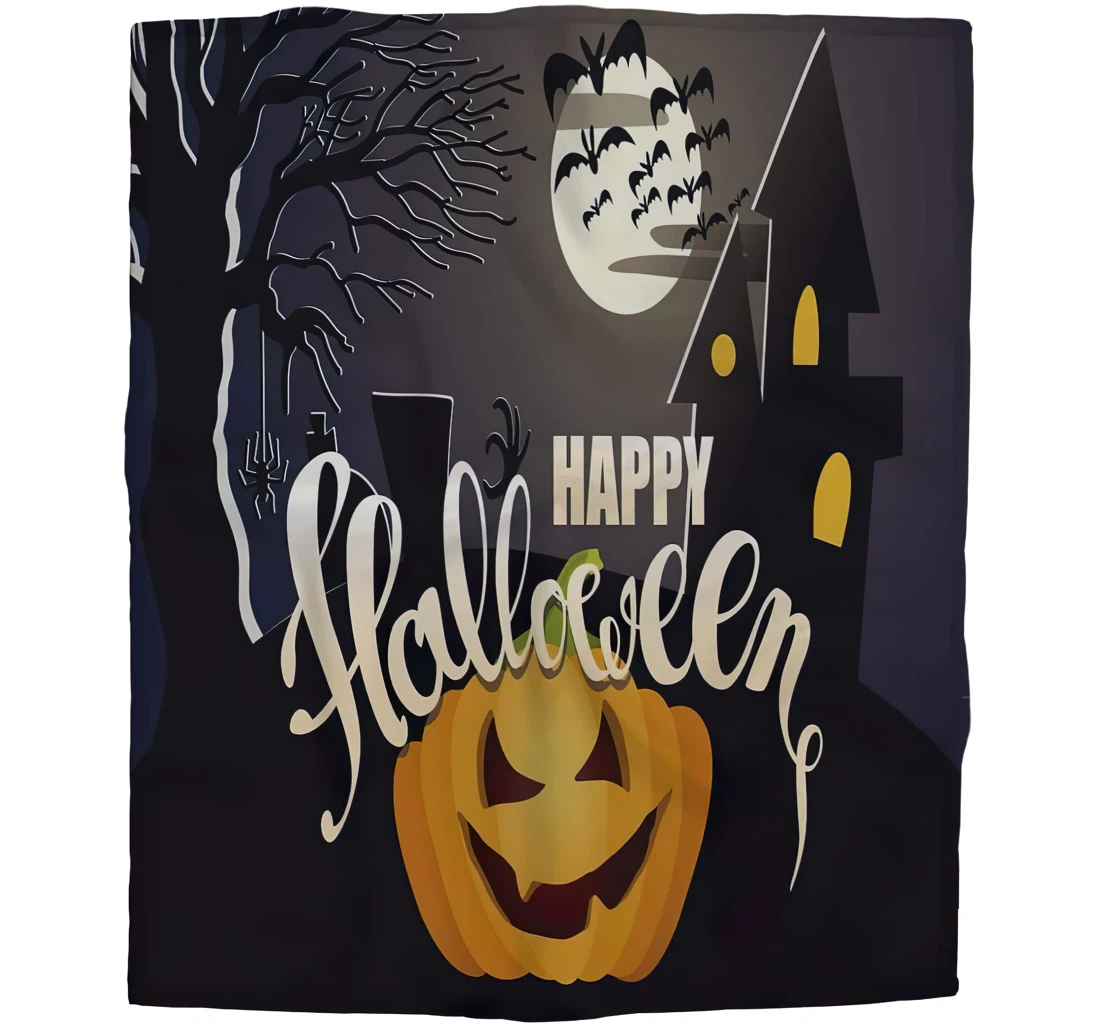 Throw Blanket, Quilt - Happy Halloween Kids Scary Pumpkin Tree Haunted House And Flying Bats In Full Moon Light Chair Travel Es Sherpa Fleece