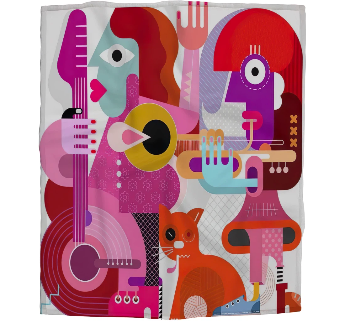 Throw Blanket, Quilt - Two Female And Cat Girls Boy Baby Kids Playing Guitar And Trumpet The Cat Rubs Against The Legs Car Es Sherpa Fleece