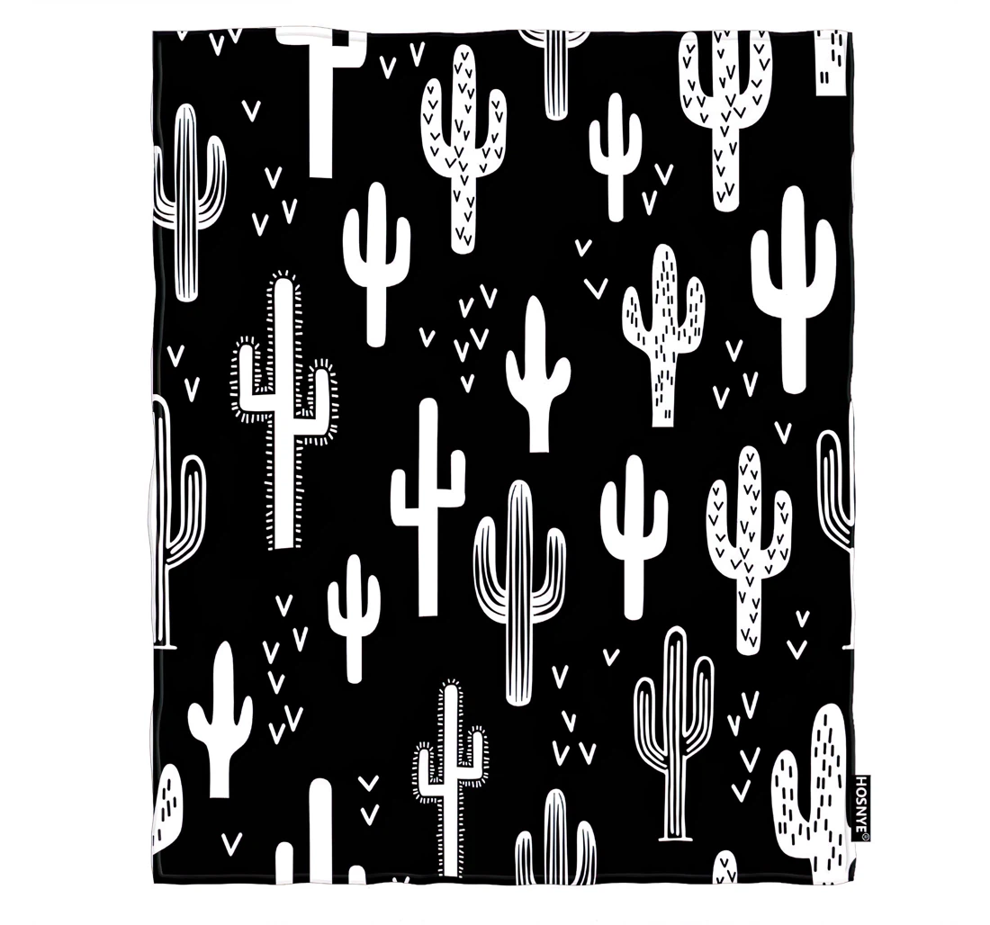 Throw Blanket, Quilt - Western Cactus Baby Kids Fun Western Cactus Repeat Black White Monochromatic Car Sherpa Fleece