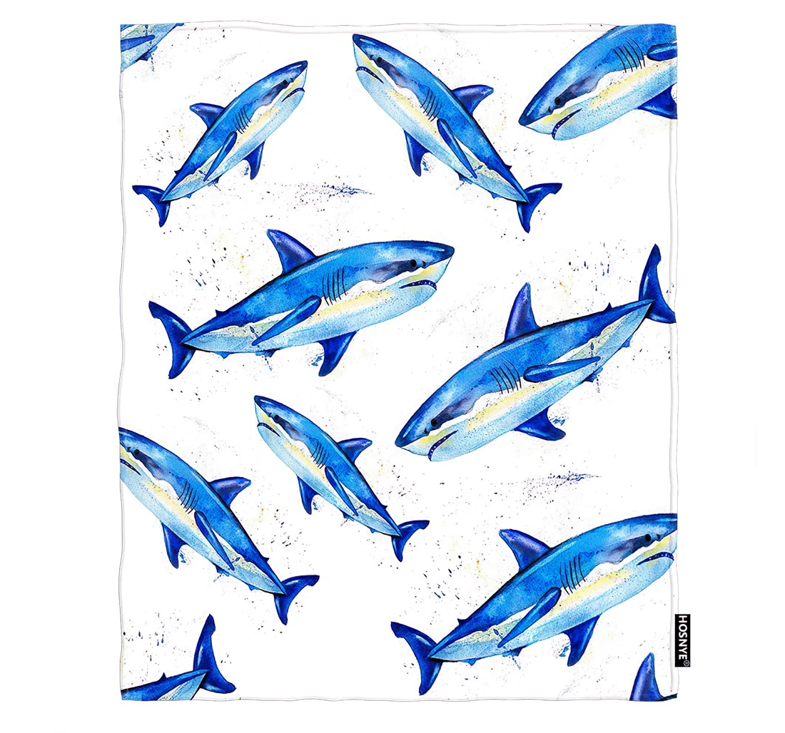 Throw Blanket, Quilt - Watercolor Great White Shark Baby Kids Cartoon Blue Shark Ocean Car Sherpa Fleece