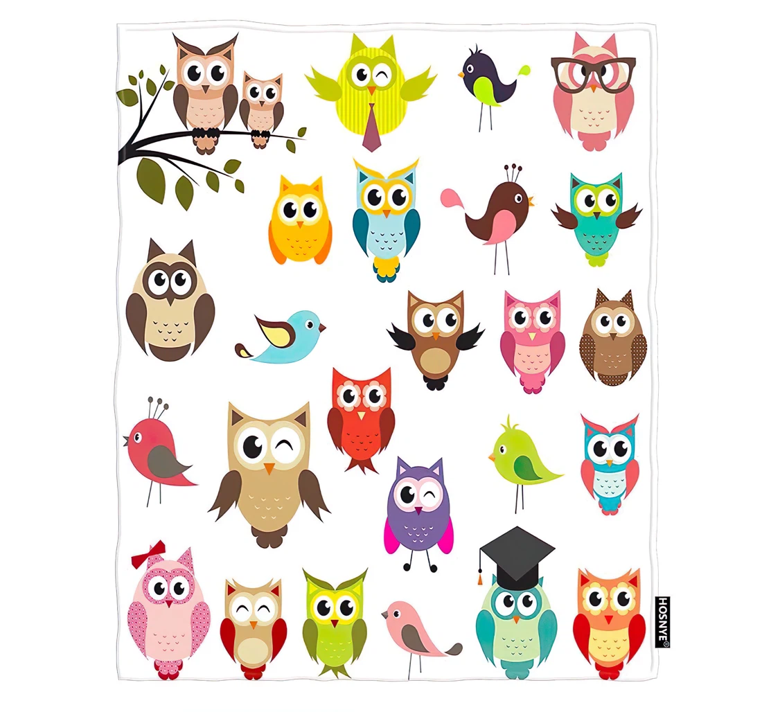 Throw Blanket, Quilt - Owls Kids Set Cute Cartoon Owls And Birds Chair Travel Sherpa Fleece