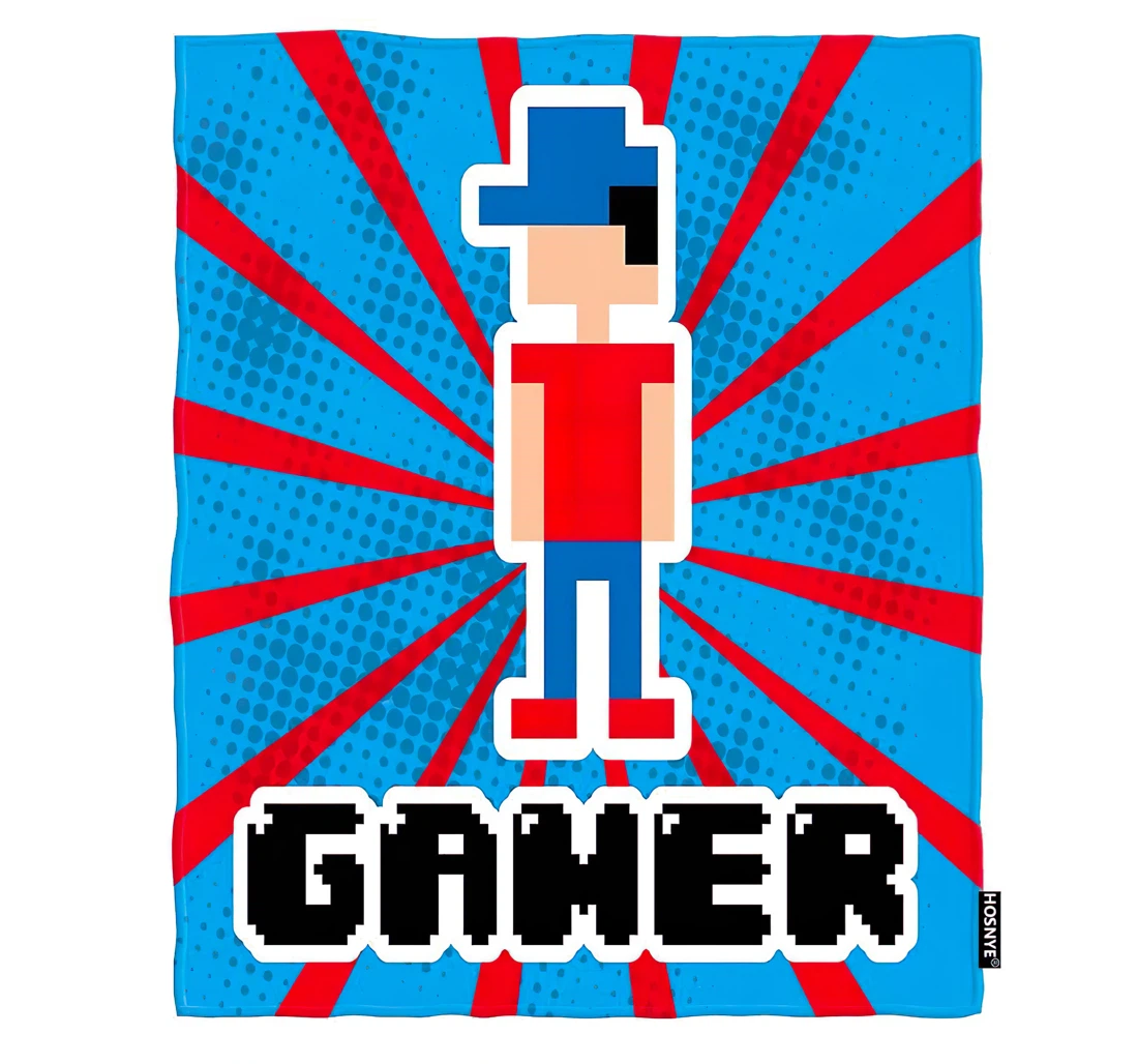 Throw Blanket, Quilt - Gamer Kids Video Game Design Over Blue And Red Stripes Chair Travel Sherpa Fleece