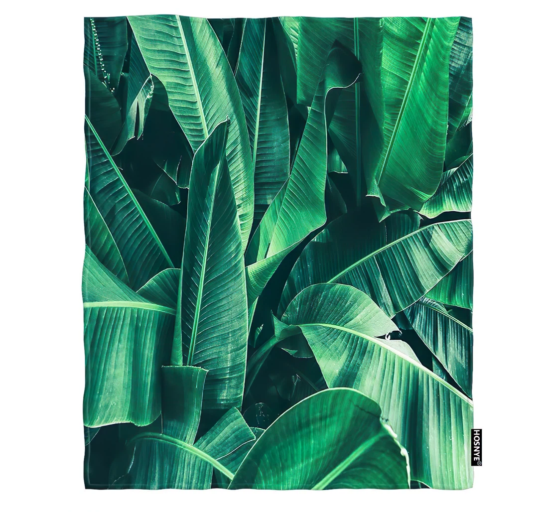 Throw Blanket, Quilt - Green Leaves Cold Tropical Banana Leaf Large Palm Foliage Nature Dark Green Background Print Car Sherpa Fleece