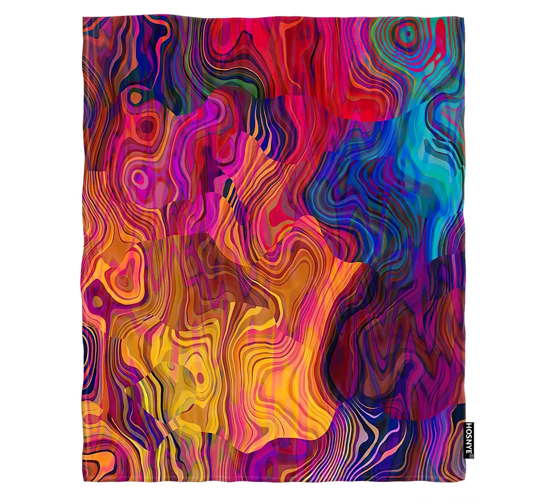 Throw Blanket, Quilt - Colorful Chaotic Waves Bedrainbow Pattern With Purple Fuchsia Pink Red Orange Gold Blue Reversible Sherpa Fleece