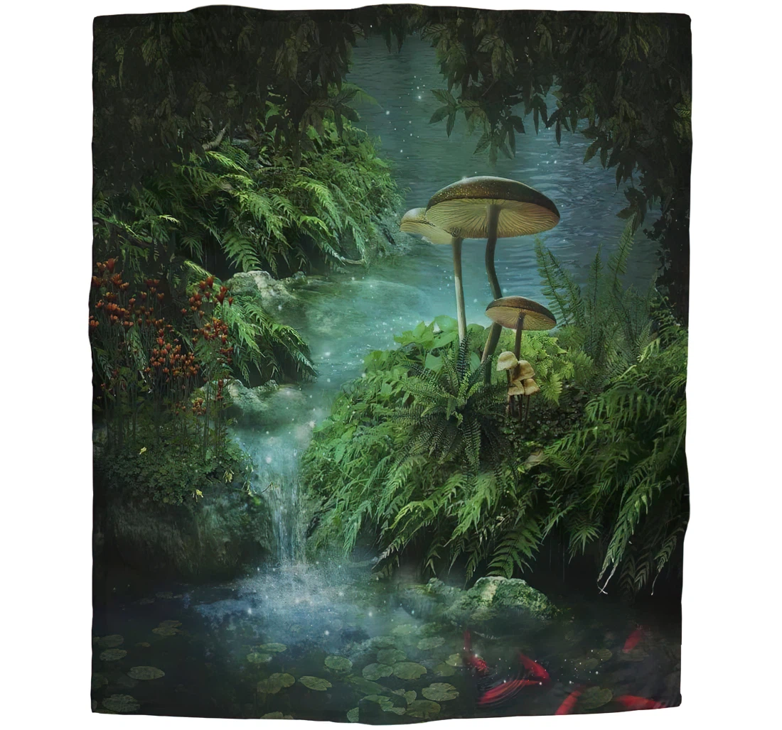 Throw Blanket, Quilt - Red Fishes And Mushroom Girls Boy Baby Kids Fantasy River With A Pond Car Es Sherpa Fleece