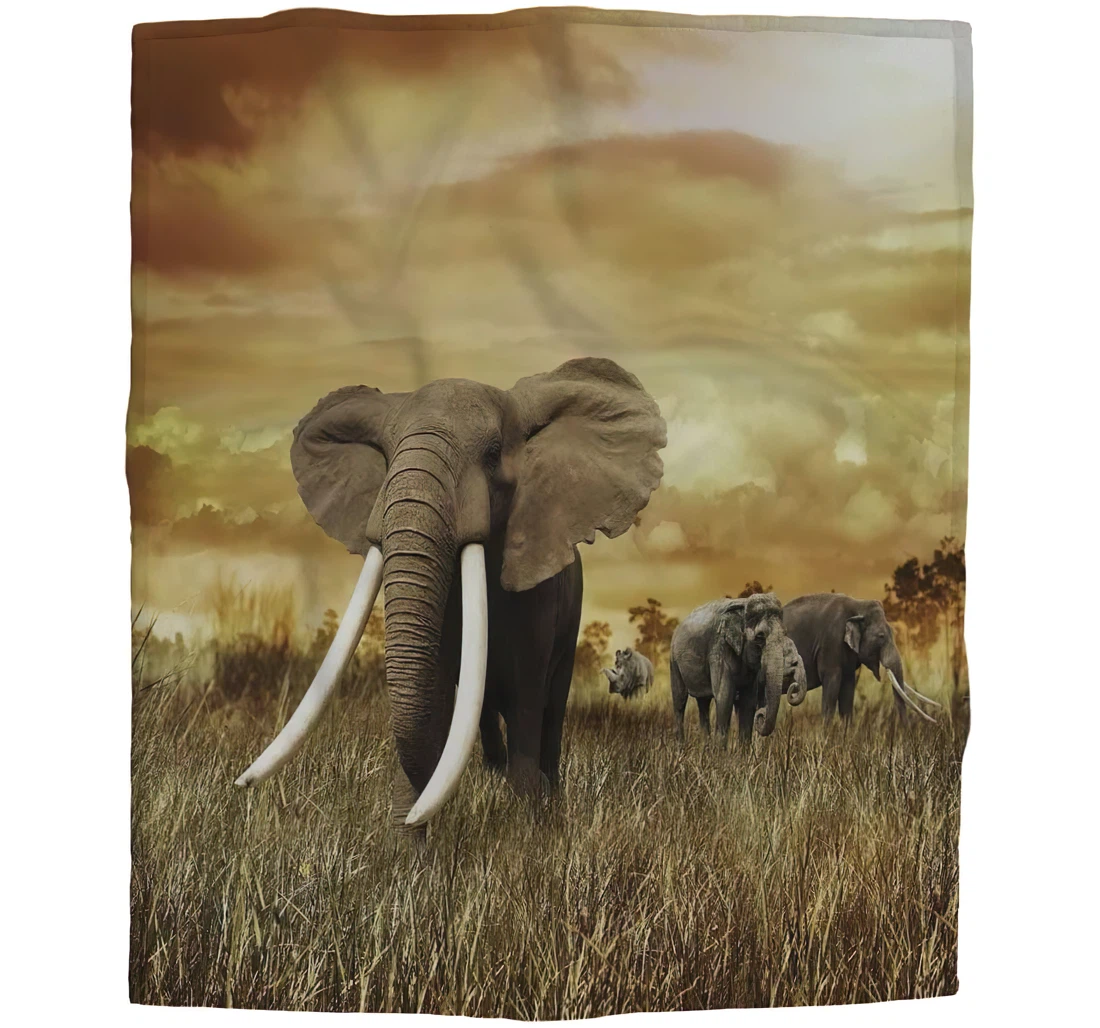 Throw Blanket, Quilt - Elephants At Sunset Kids Walking On The Grass Chair Travel Es Sherpa Fleece