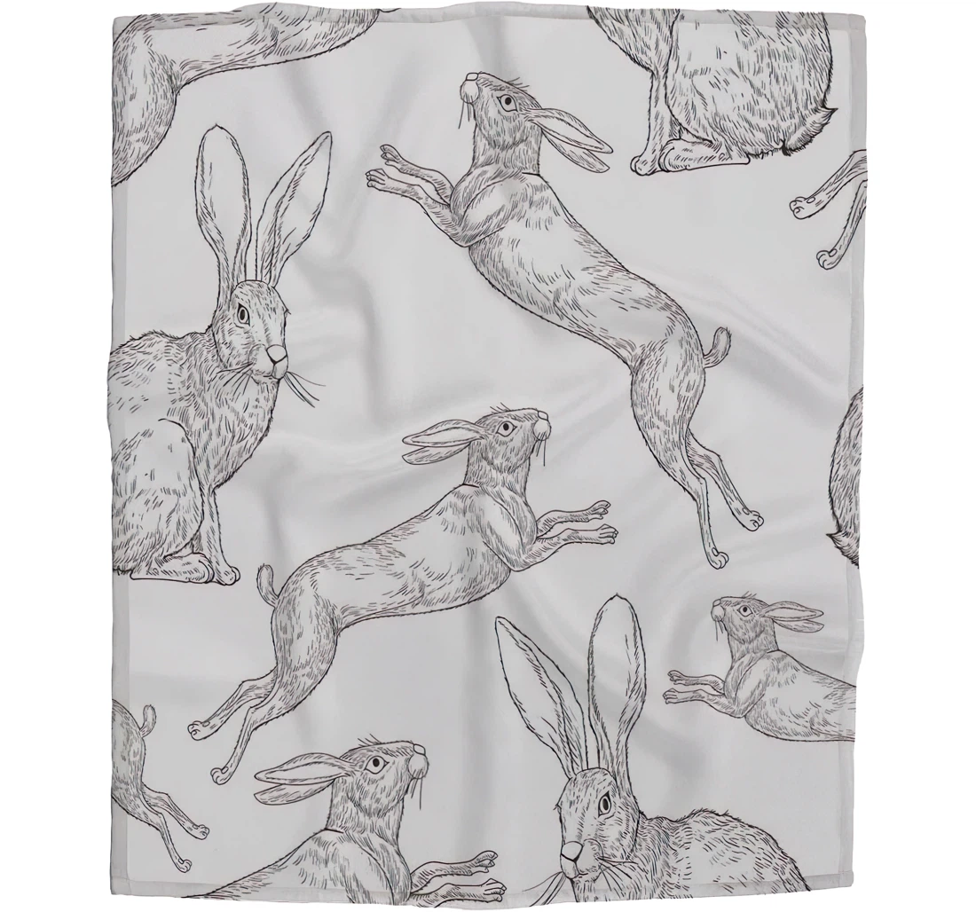 Throw Blanket, Quilt - Hand Drawing Rabbits Kids Vintage Style Black And White Chair Travel Es Sherpa Fleece