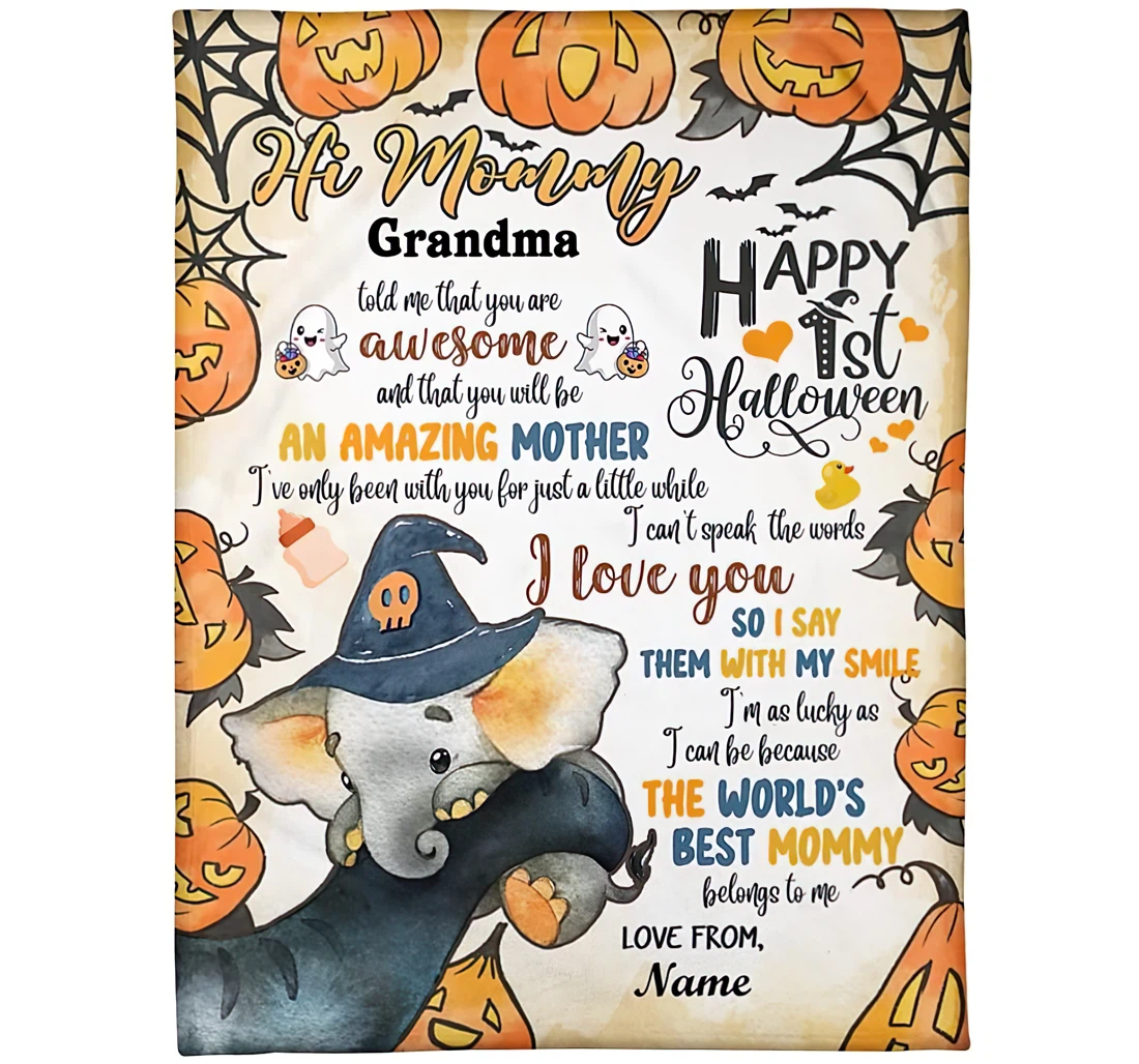 Throw Blanket, Quilt - Personalized To My Mommy Elephant Halloween From Daughter And Son Customized Cute Baby Elephant Pumpkin Premium Bedroom Gifts Sherpa Fleece