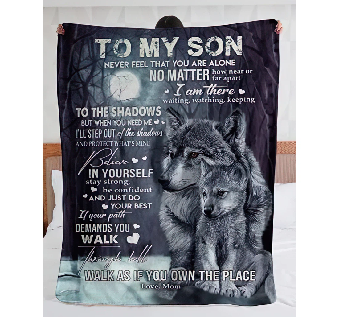 Throw Blanket, Quilt - Personalized To My Son Wolf Family From Mom Customized Grey Wolf Mother And Baby In The Dark Bedroom Gifts Sherpa Fleece