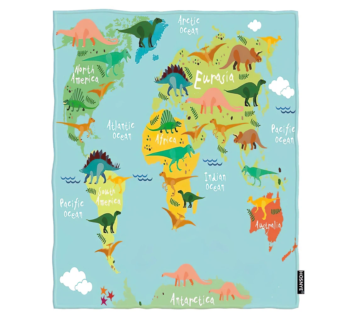 Throw Blanket, Quilt - World Map Kids Dinosaurs Map Of The World Children And Kids Chair Travel Sherpa Fleece