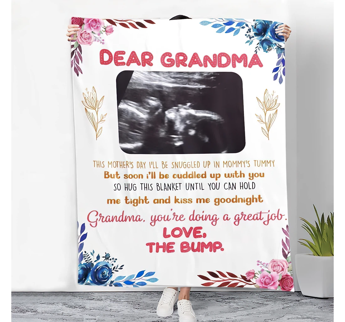 Throw Blanket, Quilt - Personalized Floral Fleiss 1st Grandma Love The Bump Custom Ultrasound Photo And Name Bedding New Mama To Be Expecting Gifts Sherpa Fleece