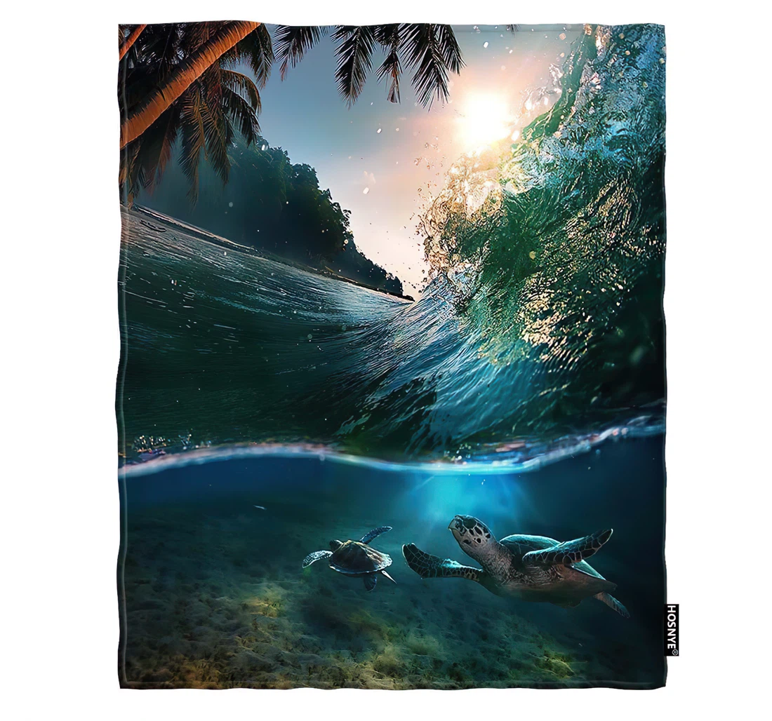 Throw Blanket, Quilt - Tropical Ocean Bedhawaii Ocean Tropical Paradise With Sunlight Surfing Wave Breaking Reversible Sherpa Fleece