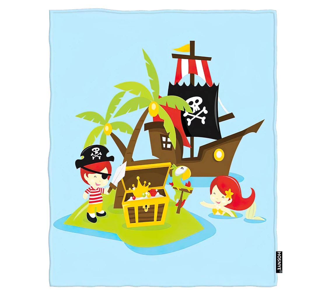 Throw Blanket, Quilt - Cartoon Treasure Island Adventure Cold Whimsical And Fun Kids Car Sherpa Fleece