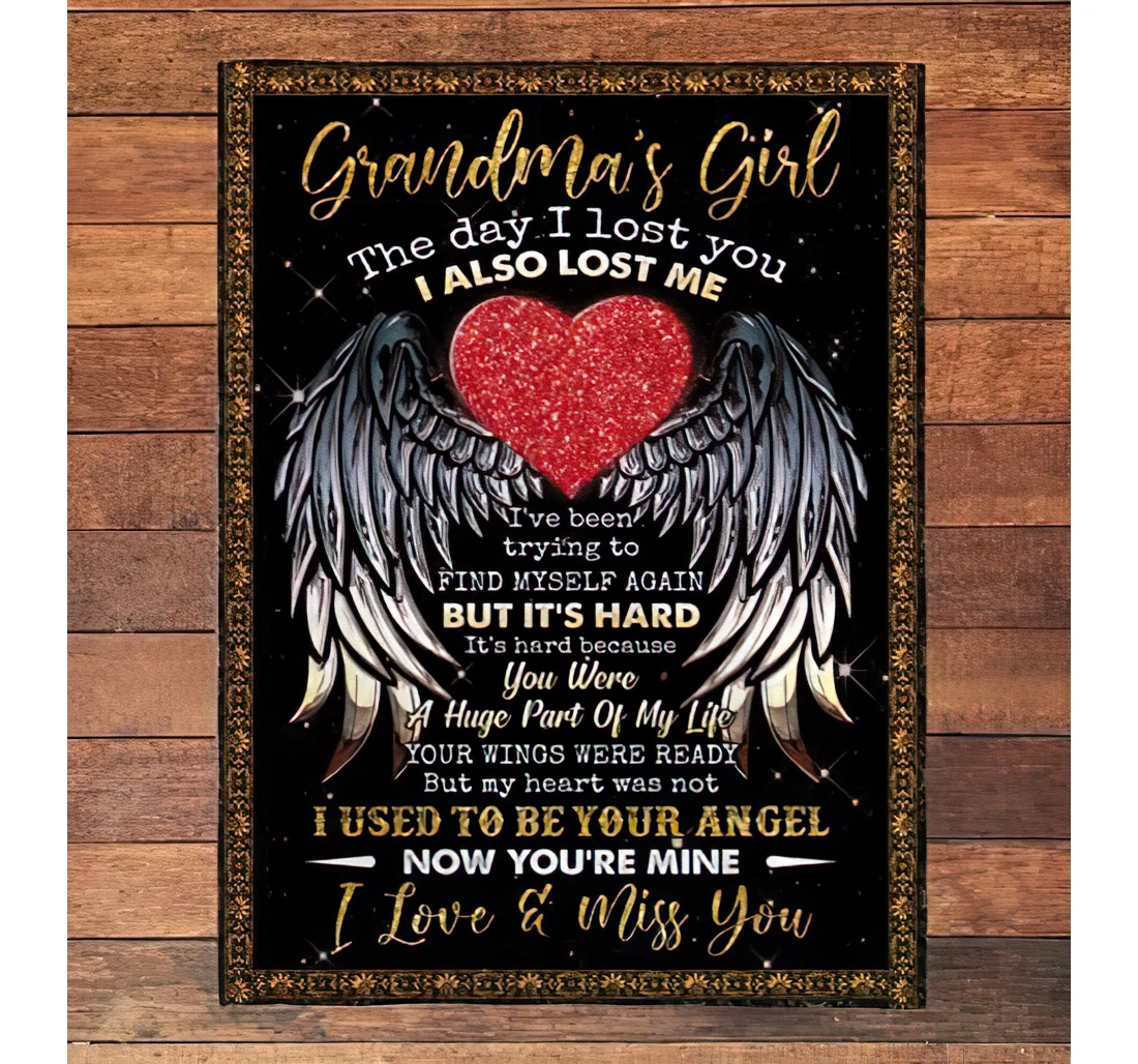 Throw Blanket, Quilt - Personalized Memorial In Heaven Grandma's Girl I Love And Miss You Glitter Heart Wings Angel Not Forgotten Gifts Halloween Xmas Sherpa Fleece