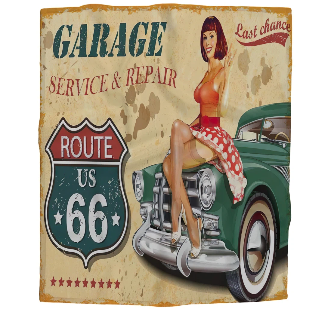Throw Blanket, Quilt - Vintage Car Girls Boy Baby Kids Garage Sign Service And Repair Car Es Sherpa Fleece
