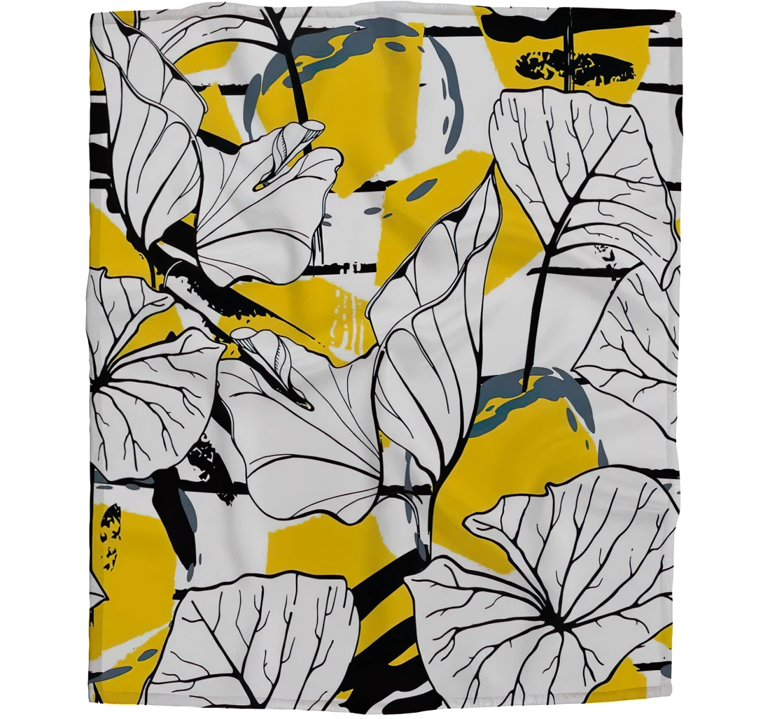 Throw Blanket, Quilt - Jungle Leaf Girls Boy Baby Kids Tropical Modern Stripes Black And White Abstract Shape Brush Line Yellow Car Es Sherpa Fleece