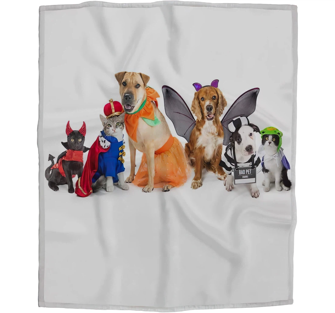 Throw Blanket, Quilt - Row Of Dogs And Cats Together Kids Wearing Cute Halloween Costumes Chair Travel Es Sherpa Fleece