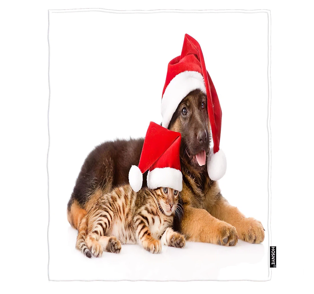 Throw Blanket, Quilt - Cat And Dog Cold With Red Hat White Background Car Sherpa Fleece