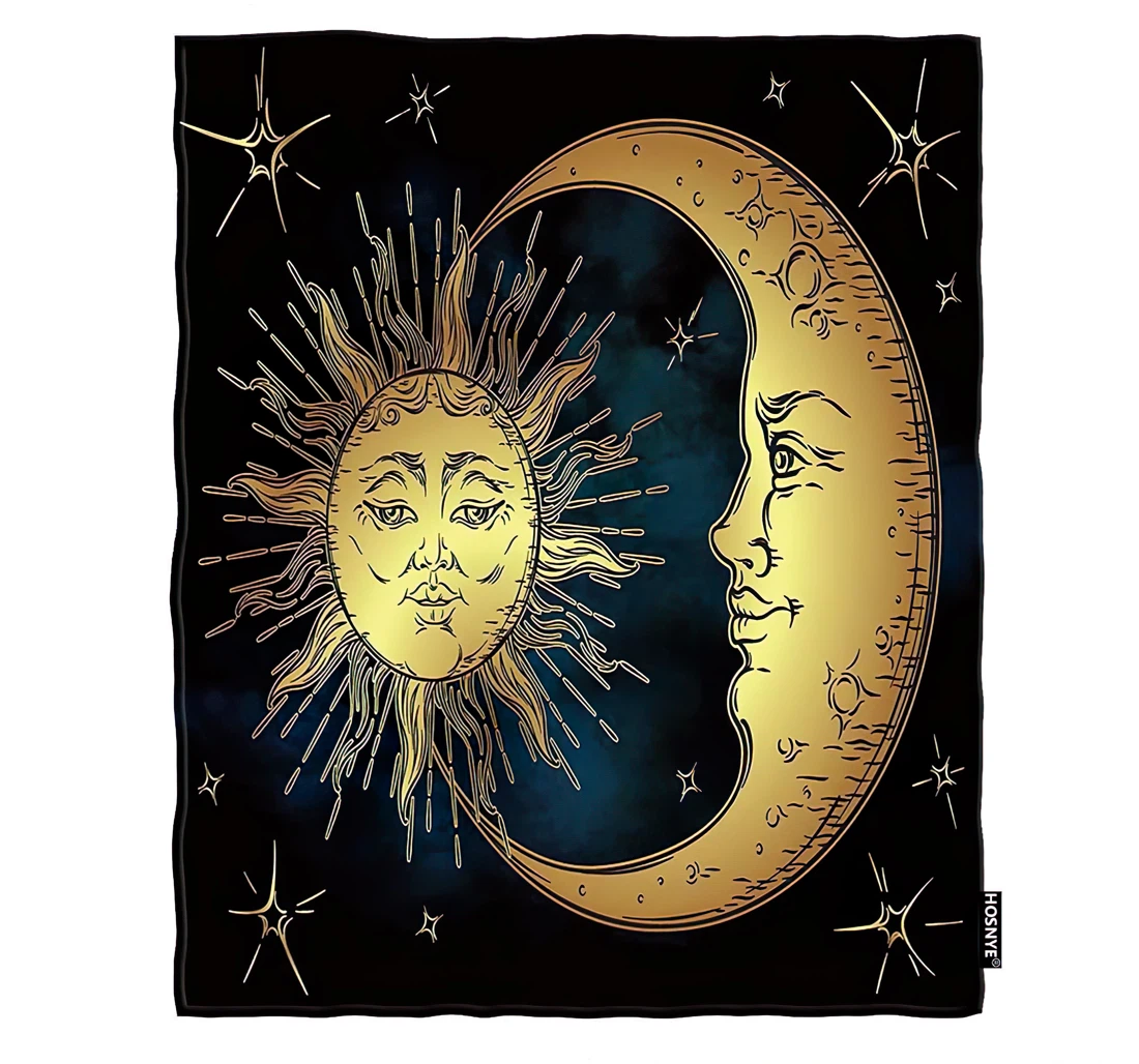 Throw Blanket, Quilt - Boho Chic Tattoo Bedantique Style Hand Drawn Art Golden Sun Crescent Moon And Stars Over Blue Black Sky Reversible Sherpa Fleece
