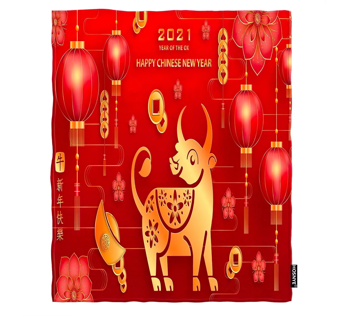 Throw Blanket, Quilt - Happy Chinese New Year 2021 Baby Kids Ox Zodiac Sign Gold Paper Cut Art And Craft Car Sherpa Fleece