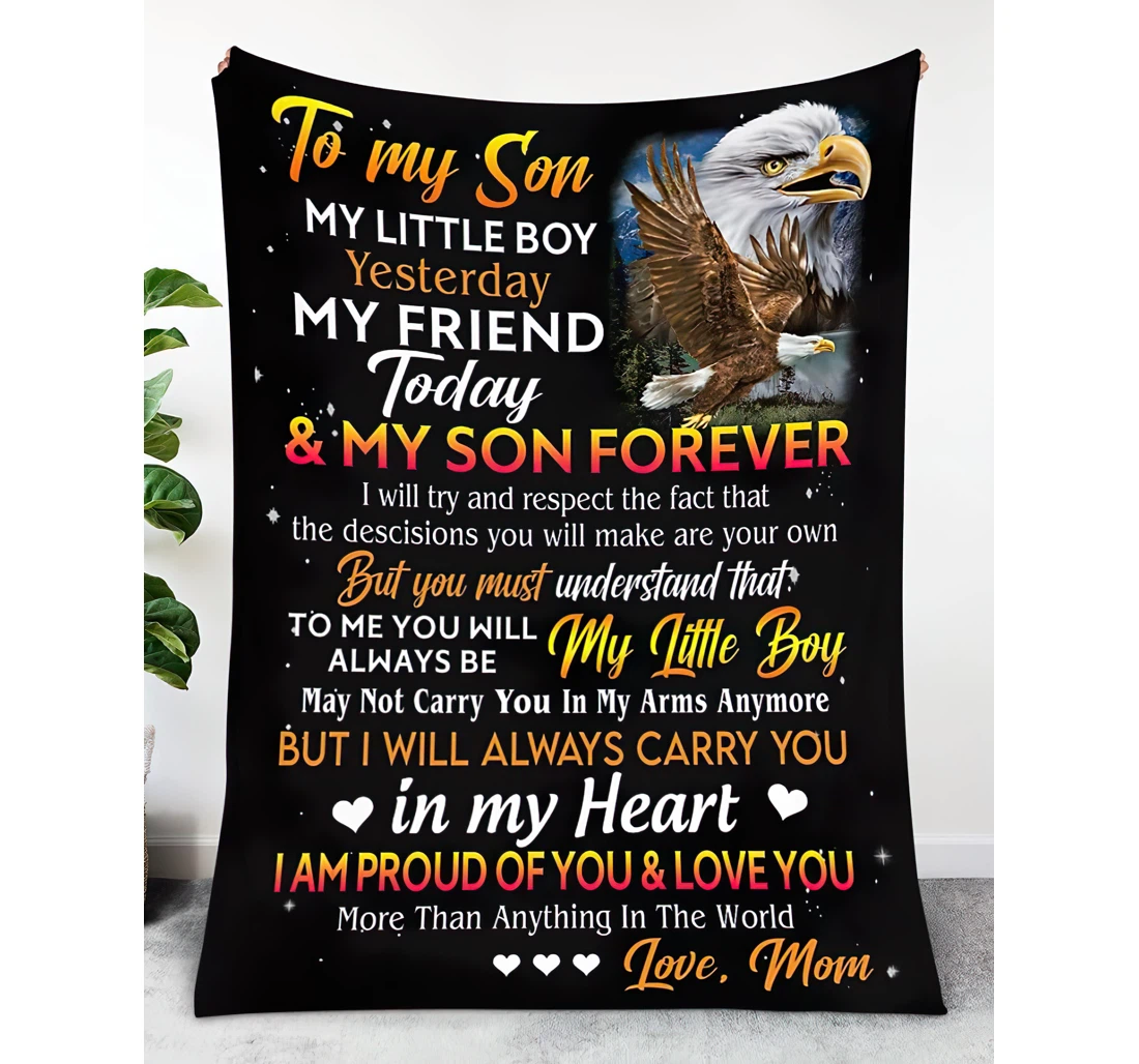 Throw Blanket, Quilt - Personalized To My Son Eagle Family From Mom Customized Baby Eagle Flying The Sky Black Gifts Little Boy Sherpa Fleece