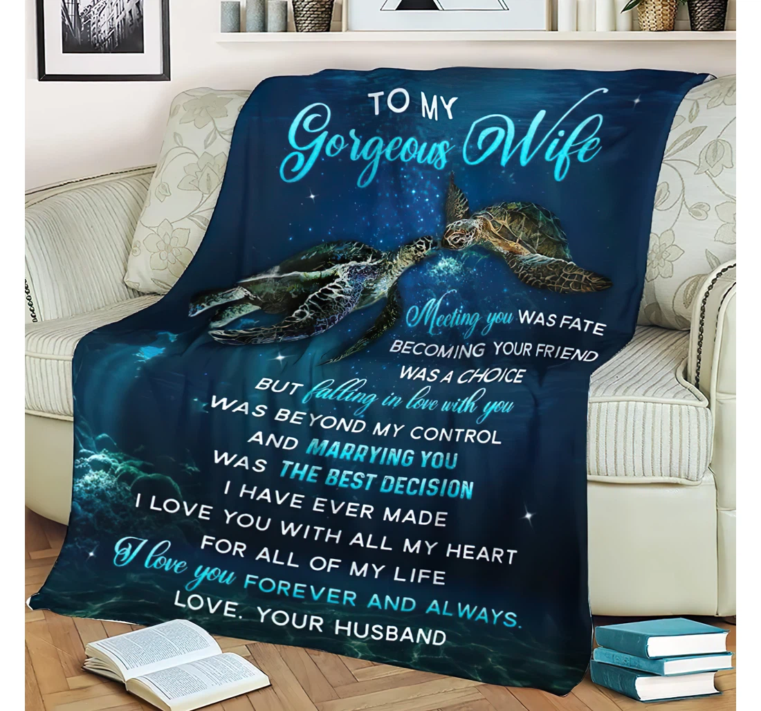 Throw Blanket, Quilt - Personalized To My Gorgeous Wife Turtle Family From Husband Customized Green Turtle Couple In The Ocean Bedroom Gifts Sherpa Fleece