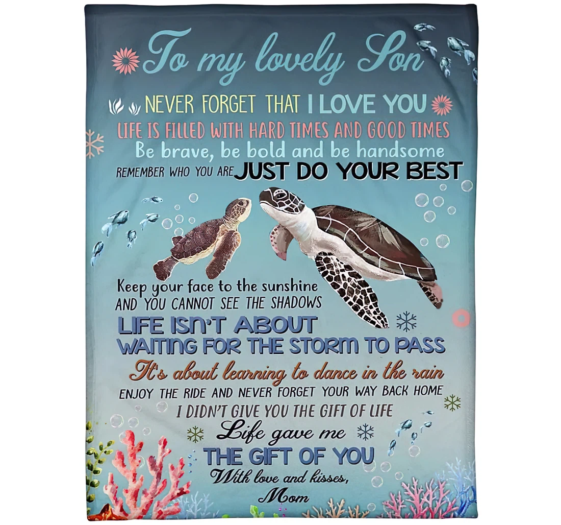 Throw Blanket, Quilt - Personalized To My Lovely Son Turtle Family From Mom Customized Black Turtles Swimming In The Sea Premium Bedroom Gifts Sherpa Fleece