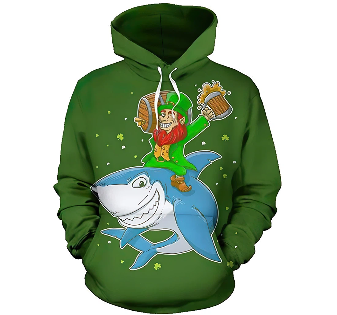 Irish Fishing Leprechaun Riding Shark Green - 3D Printed Pullover Hoodie