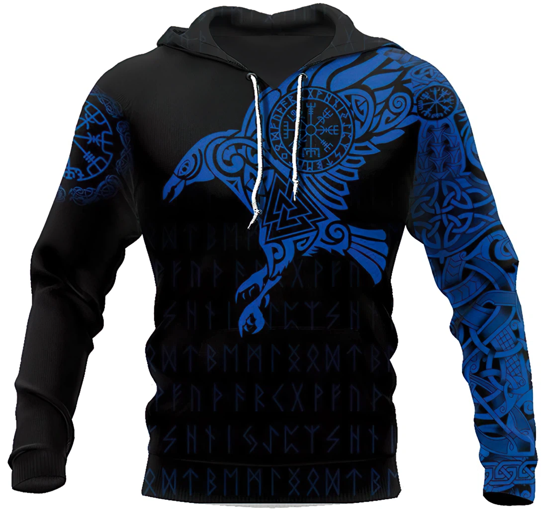 Vikings - The Raven Of Odin Tattoo Blue Man And Woman - 3D Printed Pullover Hoodie