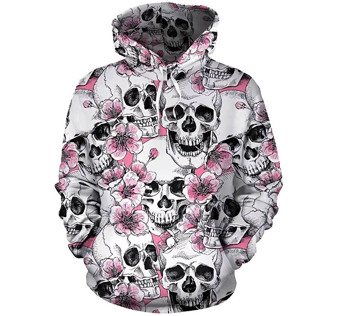 Skull And Flower Pink Man And Woman - 3D Printed Pullover Hoodie