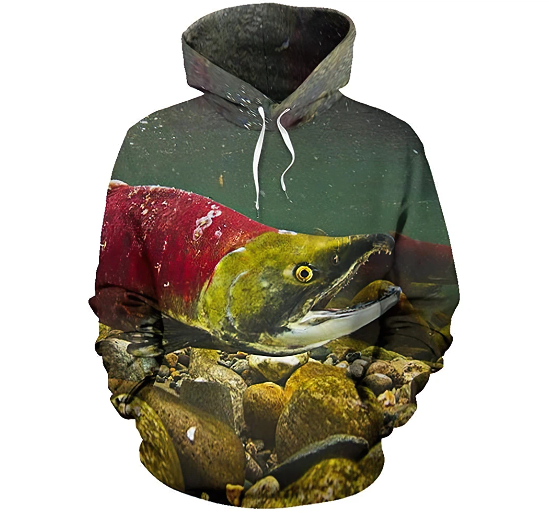 Fishing Red Salmon Man And Woman - 3D Printed Pullover Hoodie