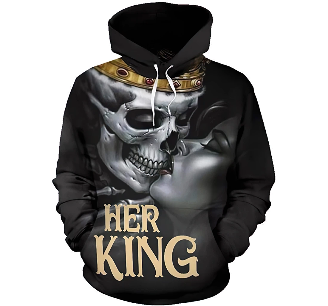 Valentine Her King Couple Skull Man And Woman - 3D Printed Pullover Hoodie