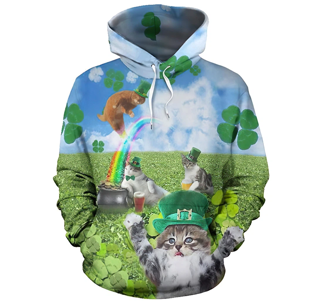 Irish Cat And Shamrock Man And Woman - 3D Printed Pullover Hoodie