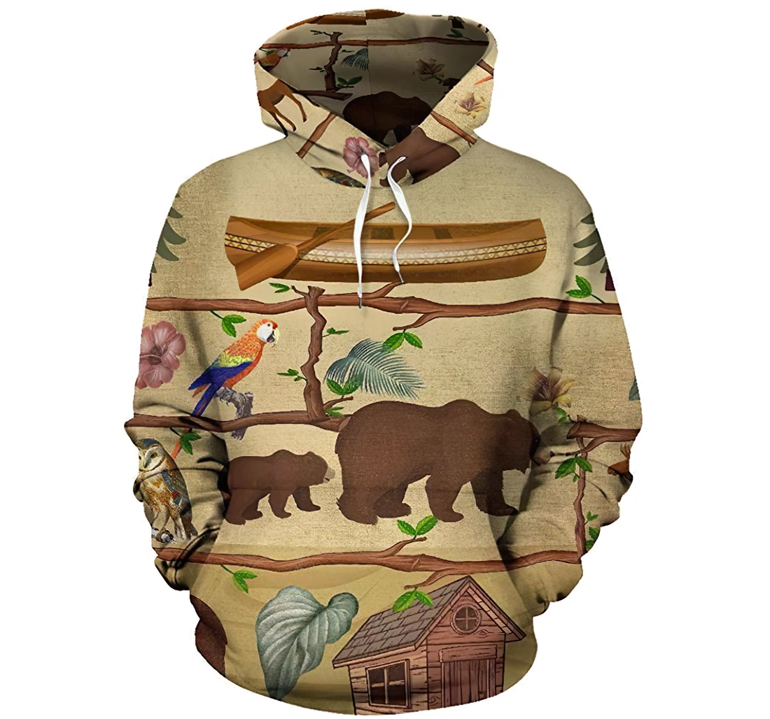 Camping Wooden Boat Bear And Parrot Man And Woman - 3D Printed Pullover Hoodie