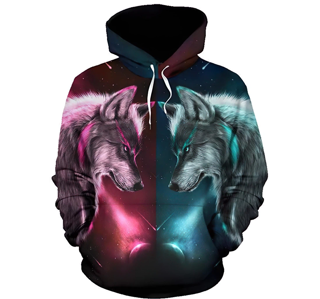 Valentine Couple Wolf Pink & Blue Man And Woman - 3D Printed Pullover Hoodie