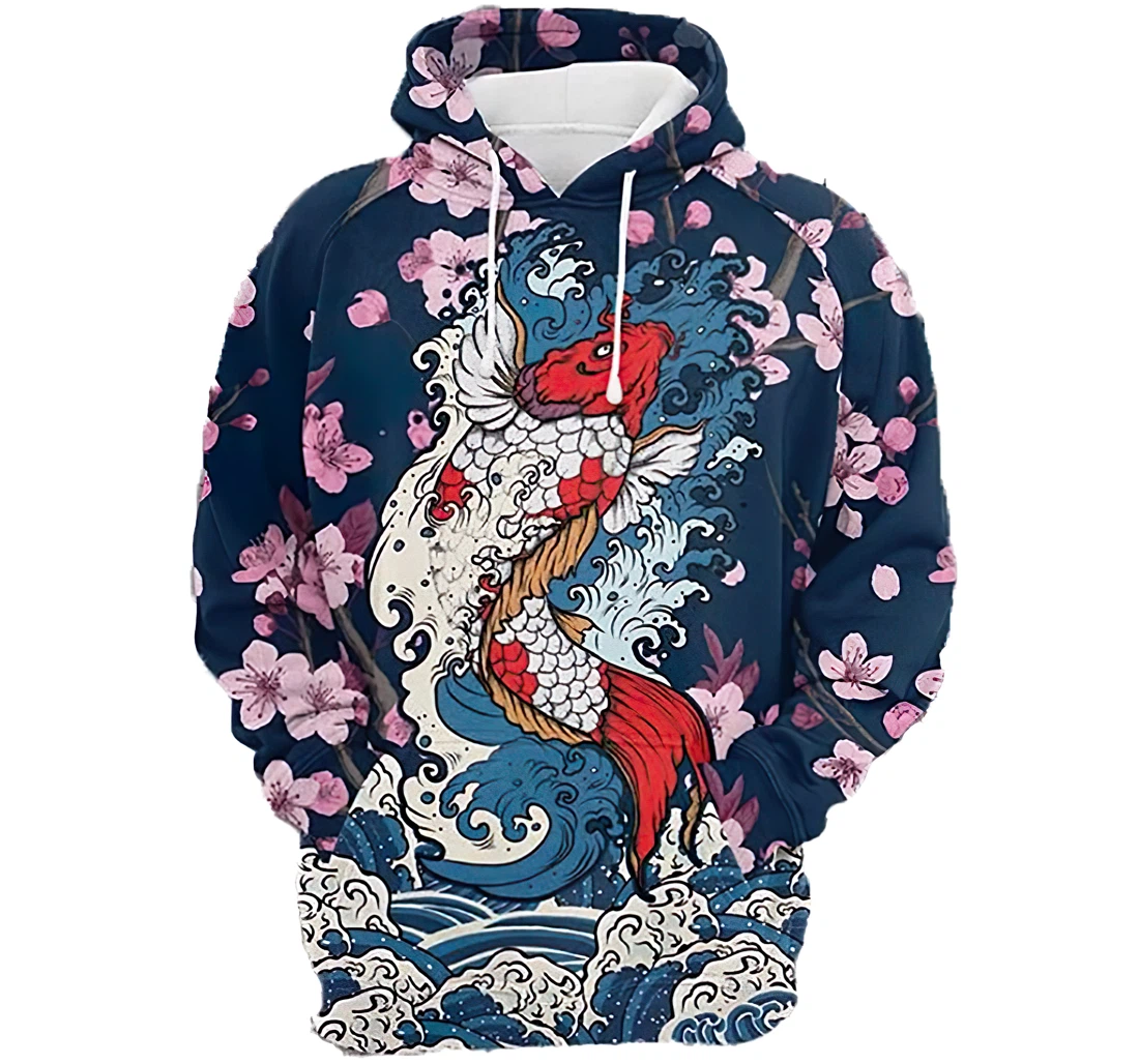 Cherry Blossom Koi Fish Man And Woman - 3D Printed Pullover Hoodie