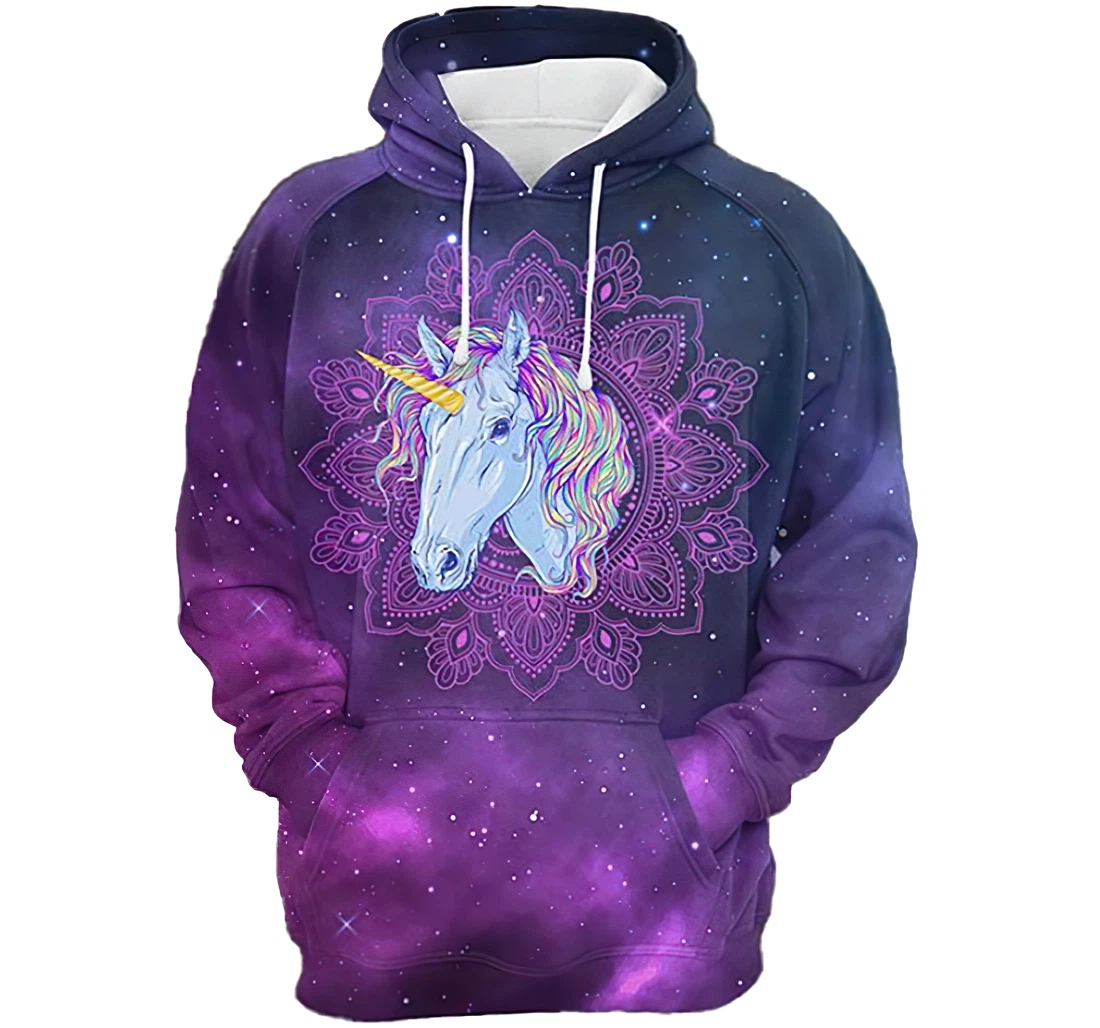 Unicorn Purple Mandala Galaxy Background Man And Woman - 3D Printed Pullover Hoodie