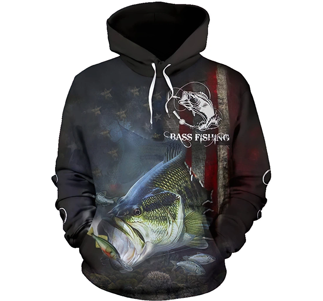 Bass Fishing American Flag Man And Woman - 3D Printed Pullover Hoodie