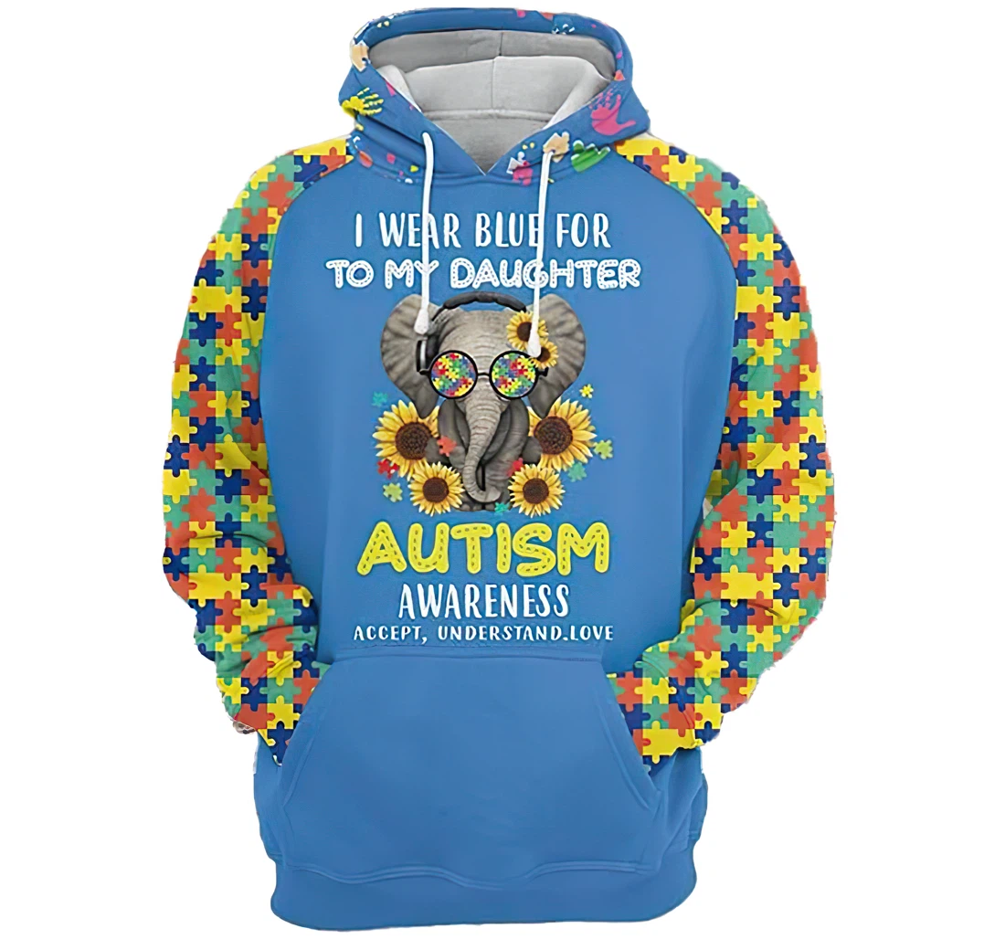 I Wear Blue Autism Awareness Elephant Sunflower Man And Woman - 3D Printed Pullover Hoodie