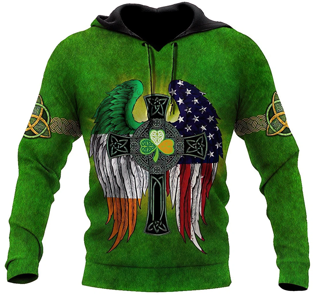 Irish St.patrick Cross American Flag Irish Flag Wings Man And Woman - 3D Printed Pullover Hoodie