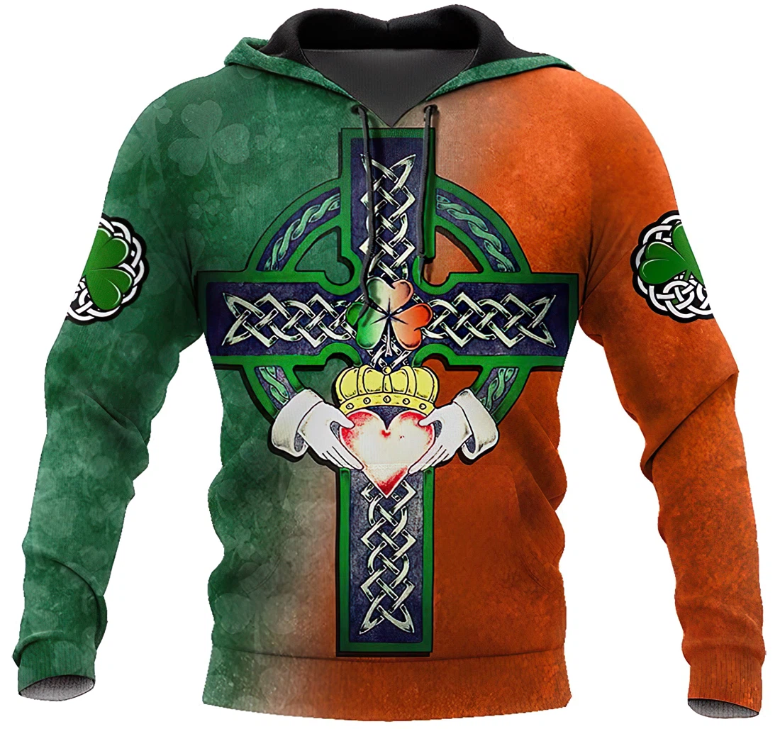 Irish St.patrick Day Green Cross Heart Man And Woman - 3D Printed Pullover Hoodie