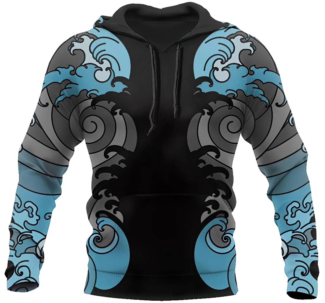 Oni Face Mask Hannya Wave Background Pattern Blue - 3D Printed Pullover Hoodie