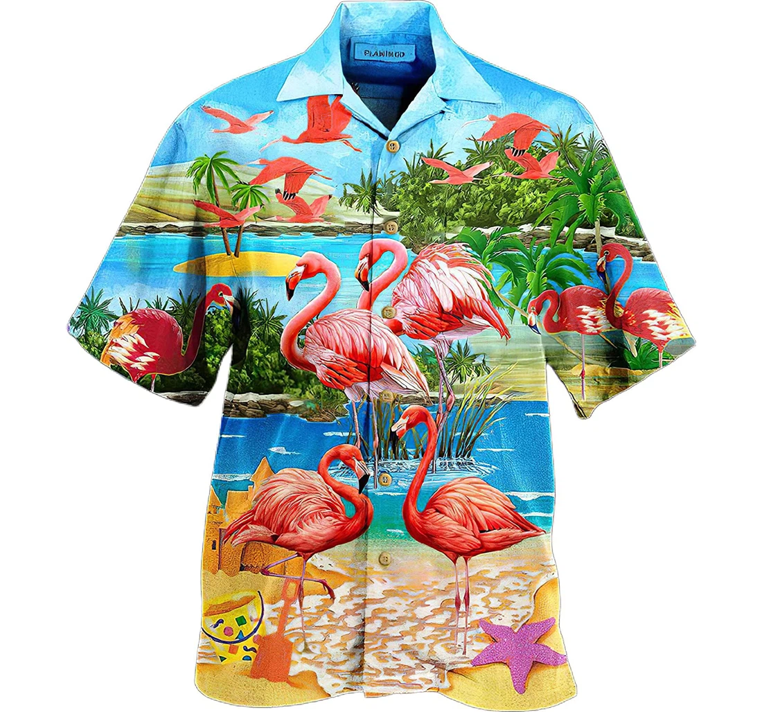 Personalized Flamingo Take A Walk On Beach Hawaiin Cotton Summer Vacation Hawaiian Shirt, Button Up Aloha Shirt For Men, Women