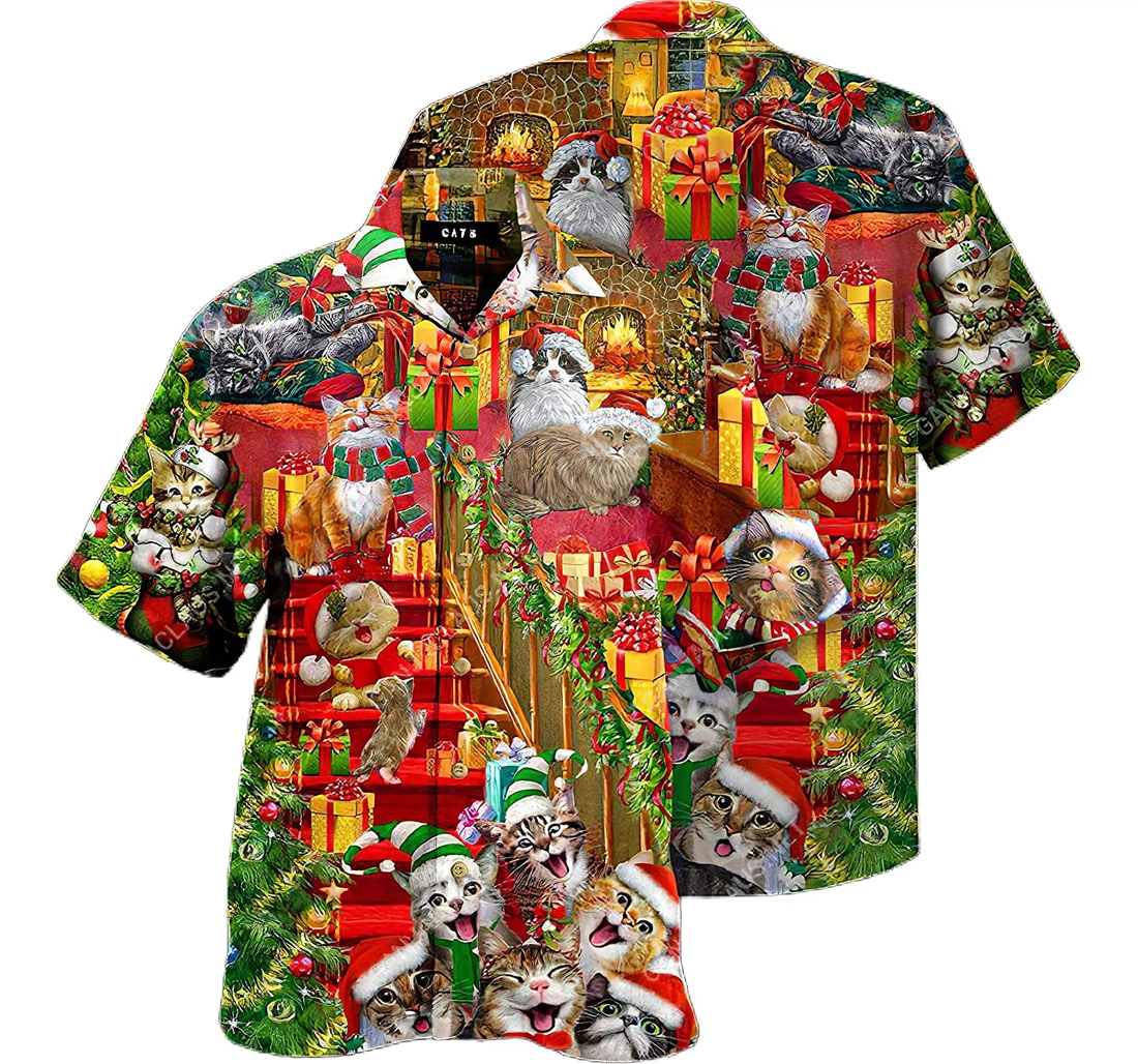 Personalized Cats Chill In Christmas House Hawaiin Cotton Summer Vacation Hawaiian Shirt, Button Up Aloha Shirt For Men, Women