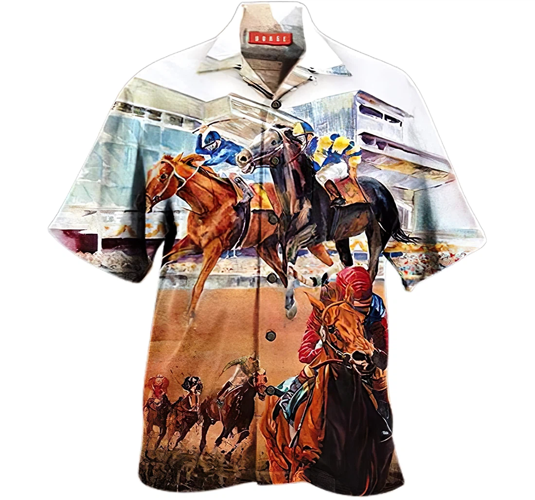 Personalized Horse Racing Hawaiin Cotton Summer Vacation Hawaiian Shirt, Button Up Aloha Shirt For Men, Women