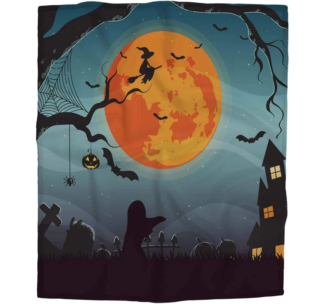 Throw Blanket, Quilt - Full Moon And Bat Cold Wea Halloween Night Concept Banner Background Sherpa Fleece