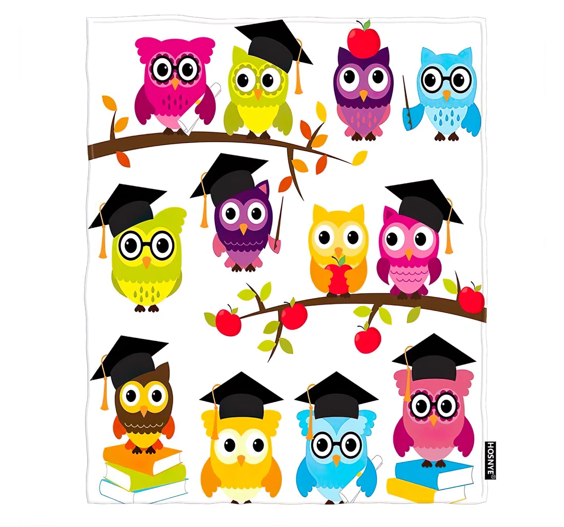 Throw Blanket, Quilt - Owls Bedvector Set Of Cute School And Graduation Themed Owls Reversible Sherpa Fleece