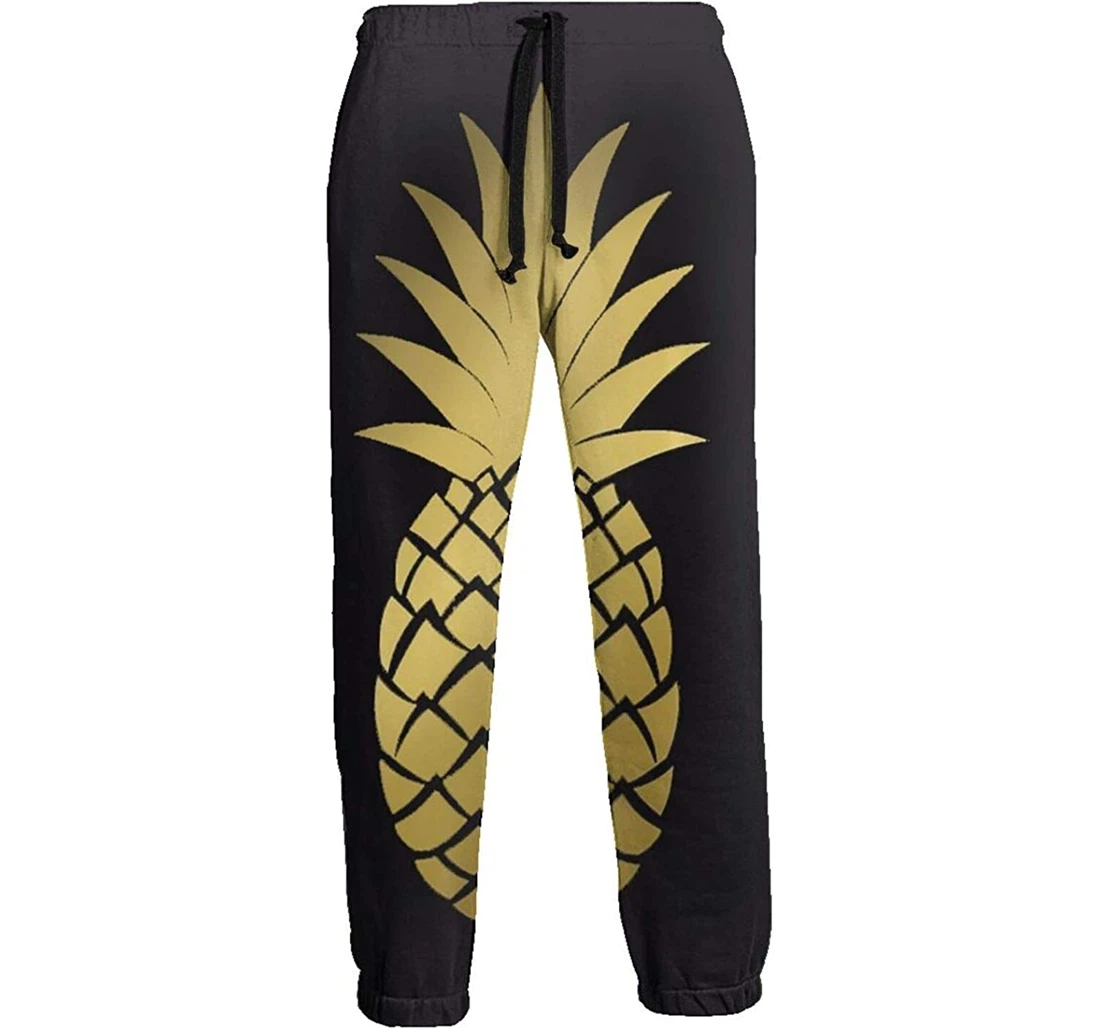 Personalized Gold Pineapple In Black Background Menâ€s Soft Pant Waist Sweatpants, Joggers Pants With Drawstring For Men, Women