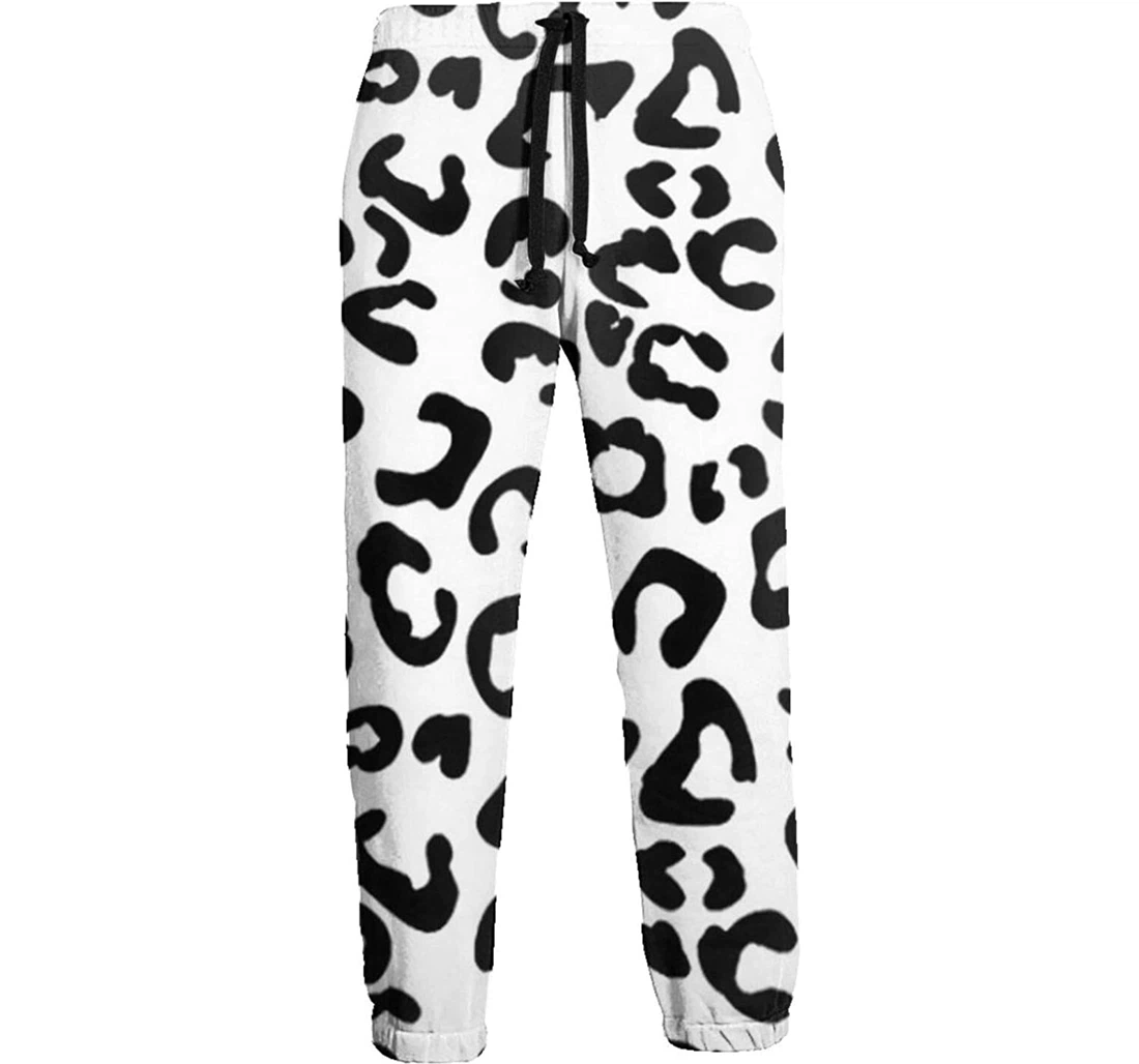 Personalized Black And White Leopard Casual Sweatpants, Joggers Pants With Drawstring For Men, Women